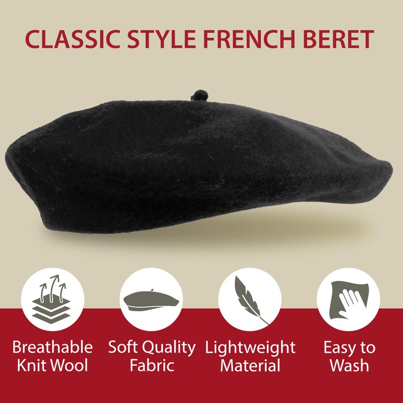 Kangaroo Vintage Classy French Hats - Stylish Wool for Adults for Cosplay and Costume Party - Beret for Men and Women Black - Image 2